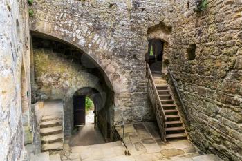 Stairs in old castle ruins, ancient stone building, heritage. Traditional european architecture, famous places for tourism and travel