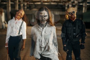 Zombies looking for fresh meat in abandoned factory, scary place. Horror in city, creepy crawlies attack, doomsday apocalypse, bloody evil monsters