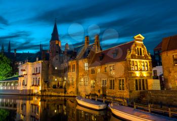 Belgium, Brugge, ancient European town with stone buildings on river. Tourism and travels, famous europe landmark, popular places, West Flanders