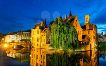 Belgium, Brugge, ancient European town with river channels, night view. Tourism and travel, famous europe landmark, popular places, West Flanders, benelux
