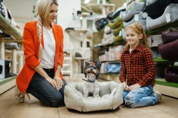 Mother with daughter choosing dog bed for little dog in pet store. Woman and little child buying equipment in petshop, accessories for domestic animals
