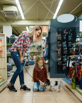 Mother with daughter choosing ball for little dog in pet store. Woman and little child buying equipment in petshop, accessories for domestic animals