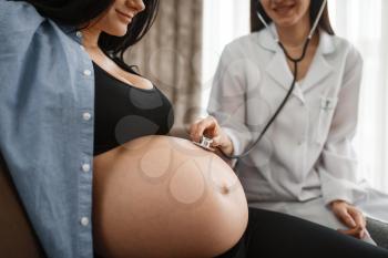 Pregnant woman with belly and a therapist at home. Pregnancy, health care of mother and unborn baby in prenatal period. Expectant mom, healthy lifestyle