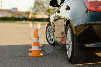 Car and orange traffic cones, lesson in driving school concept, nobody. Teaching to drive vehicle theme. Driver's license education