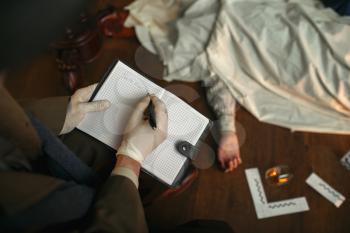 Male detective with cigar writes in notebook, victim under the cape at the crime scene, retro style. Criminal investigation, inspector is working on a murder, vintage room interior on background