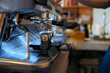 Barista workplace, coffee machine in cafe, nobody. Bar equipment for preparation of fresh espresso, professional cafeteria tools