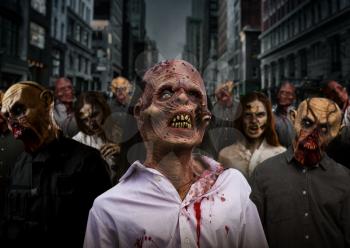 Zombies on night street in downtown, deadly monsters army. Horror in city, creepy crawlies attack, doomsday apocalypse