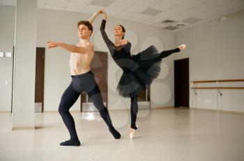 Female and male ballet dancers in action. Ballerina with partner training in class, dance studio