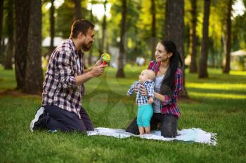 Mother, father and little baby play on grass in summer park. Mom and dad with male kid on lawn, picnic with child on plaid in the forest, family happiness