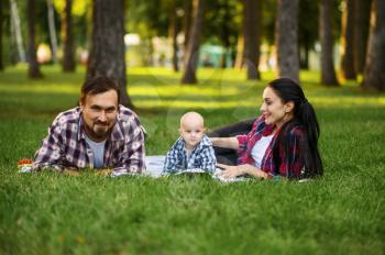 Mother, father and little baby leisures on grass in summer park. Mom and dad with male kid on lawn, picnic with child on plaid in the forest