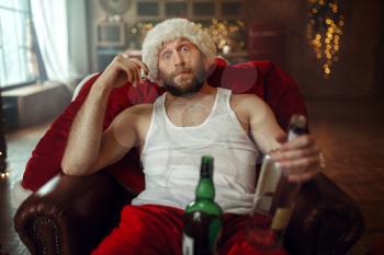 Bad Santa claus celebrate christmas with drugs and alcohol, nasty party, humor. Unhealthy lifestyle, bearded man in holiday costume, new year and alcoholism