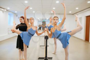 Teacher and young ballerinas exercise at the barre in class. Ballet school, female dancers on choreography lesson, girls practicing grace dance