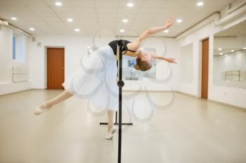 Elegant young ballerina rehearsing at the barre in class. Ballet school, female dancers on choreography lesson, girls practicing grace dance