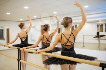 Three young ballerinas, students rehearsal at the barre in class. Ballet school, female dancers on choreography lesson, girls practicing grace dance