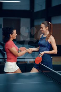 Women shake hands before table tennis match, ping pong players. Friends playing table-tennis indoors, sport game with racket and ball, active healthy lifestyle