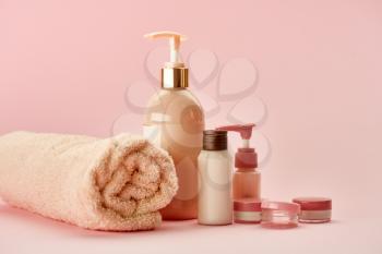 Skin care products on pink background, nobody. Healthcare procedures concept, hygiene cosmetic, healthy lifestyle
