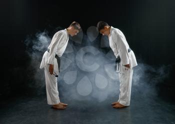 Two male karatekas in white kimono, combat, dark background. Fighters on workout, martial arts, fighting competition