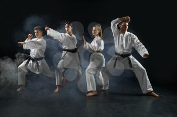 Four karate fighters in white kimono poses in combat stances, group training, dark smoky background. Karatekas on workout, martial arts, fighting competition