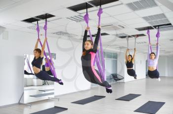 Fly anti-gravity yoga, female group training with hammocks. Fitness, pilates and dance exercises mix. Women on yoga workout