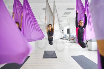 Fly yoga, female group training, hanging on hammocks. Fitness, pilates and dance exercises mix. Women on yogi workout in sports studio