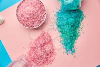 Blue and pink sea salt, nobody. Healthcare procedures concept, mineral hygiene products, spa therapy, skin care