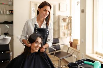 Hairdresser and smiling woman, hairdressing salon. Stylist and client in hairsalon. Beauty business, professional service