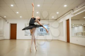 Elegant ballerina, dance performing in class. Ballet school, female dancers on choreography lesson, girl practicing stretching exercise