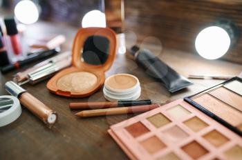 Makeup cosmetic set on the table closeup, nobody. Make-up products, beauty and skin care tools