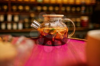 Hookah bar counter, tonic drink in glass teapot, nobody. Shisha smoking equipment, traditional smoke culture, tobacco aroma for relaxation