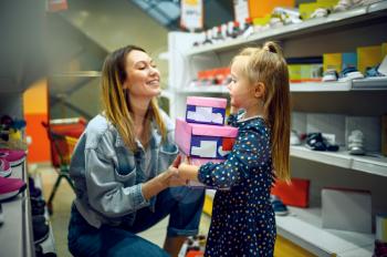 Little baby holds boxes with shoes in kid's store. Mom and adorable girl buying sandals in children's shop, happy childhood, family makes a purchase in market