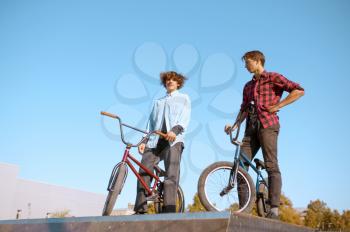 Bmx bikers, teenagers poses on ramp in skatepark. Extreme bicycle sport, dangerous cycle exercise, street riding, biking in summer park