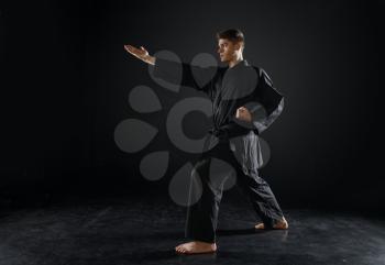 Male karateka, fighter practice in black kimono, combat stance, dark background. Man on workout, martial arts, training before fighting competition
