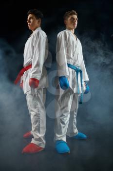 Two male karatekas poses in white kimono and gloves, strike, dark background. Fighters on workout, martial arts, fighting competition