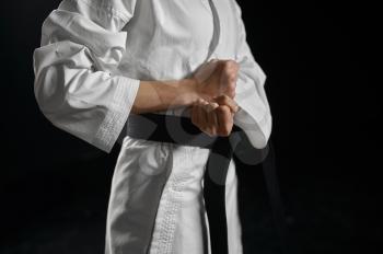 Male karate fighter in white kimono having black belt, combat stance, dark background. Karateka on workout, martial arts, training before fighting competition