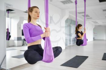 Aerial yoga, female group training, hanging on hammocks. Fitness, pilates and dance exercises mix. Women on yogi workout in sports studio