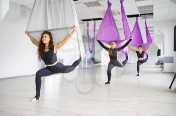 Aerial or antigravity yoga, group training, hanging on hammocks. Fitness, pilates and dance exercises mix. Women on yoga workout in gym, fit lifestyle