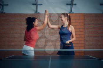 Women wins table tennis match, ping pong players. Friends playing table-tennis indoors, sport game with racket and ball, active healthy lifestyle
