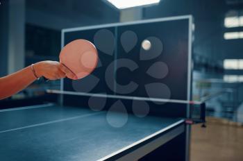 Woman hits ball at the wall, table tennis workout, female ping pong player. Sportive girl playing table-tennis indoors, sport game with racket, active healthy lifestyle