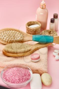 Different skin care products, macro view, pink background, nobody. Healthcare procedures concept, hygiene cosmetic, healthy lifestyle, spa and bath