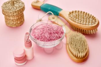 Body care products, macro view, pink background, nobody. Healthcare procedures concept, hygiene cosmetic, healthy lifestyle, spa and bath