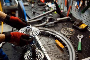 Bicycle repair in workshop, man installs star cassette. Mechanic in uniform fix problems with cycle, professional bike repairing service