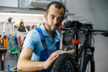 Bicycle repair in workshop, man checks the tires. Mechanic in uniform fix problems with cycle, professional bike repairing service