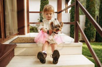 Kid with funny dog are sitting on the stairs in country house. Child with puppy poses on backyard. Little girl and her pet having fun on playground outdoors, happy childhood