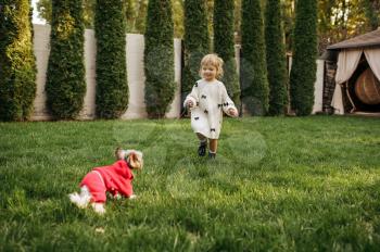 Kid with funny doggy walking in the garden. Female child with puppy poses on backyard. Little girl and her pet having fun on playground outdoors, happy childhood