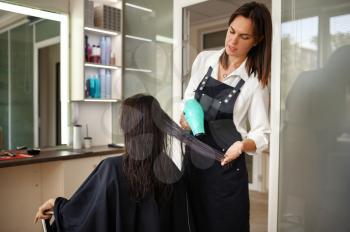 Hairdresser combs woman's hair, hairdressing salon. Stylist and client in hairsalon. Beauty business, professional service