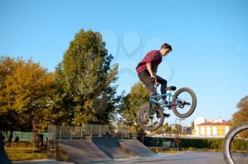 Bmx biker on ramp, jump in action, training in skatepark. Extreme bicycle sport, dangerous cycle exercise, street riding, teens biking in summer park