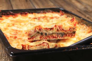 Ready lasagne in a baking pan
