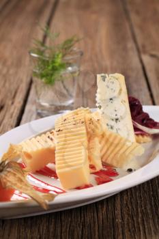 Two kinds of cheese garnished with balsamic reduction and fruit