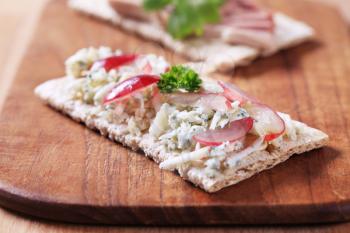 Crispbread with blue cheese and pate - closeup