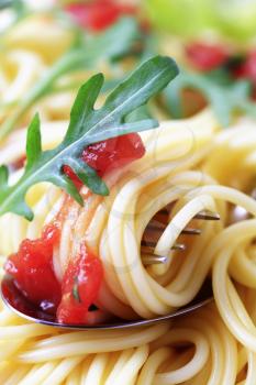 Macro shot of spaghetti twirled around a fork